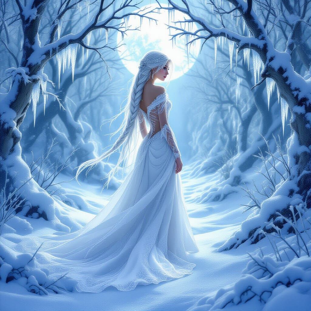 Woman in Snow Gown in Mystical Frozen Forest