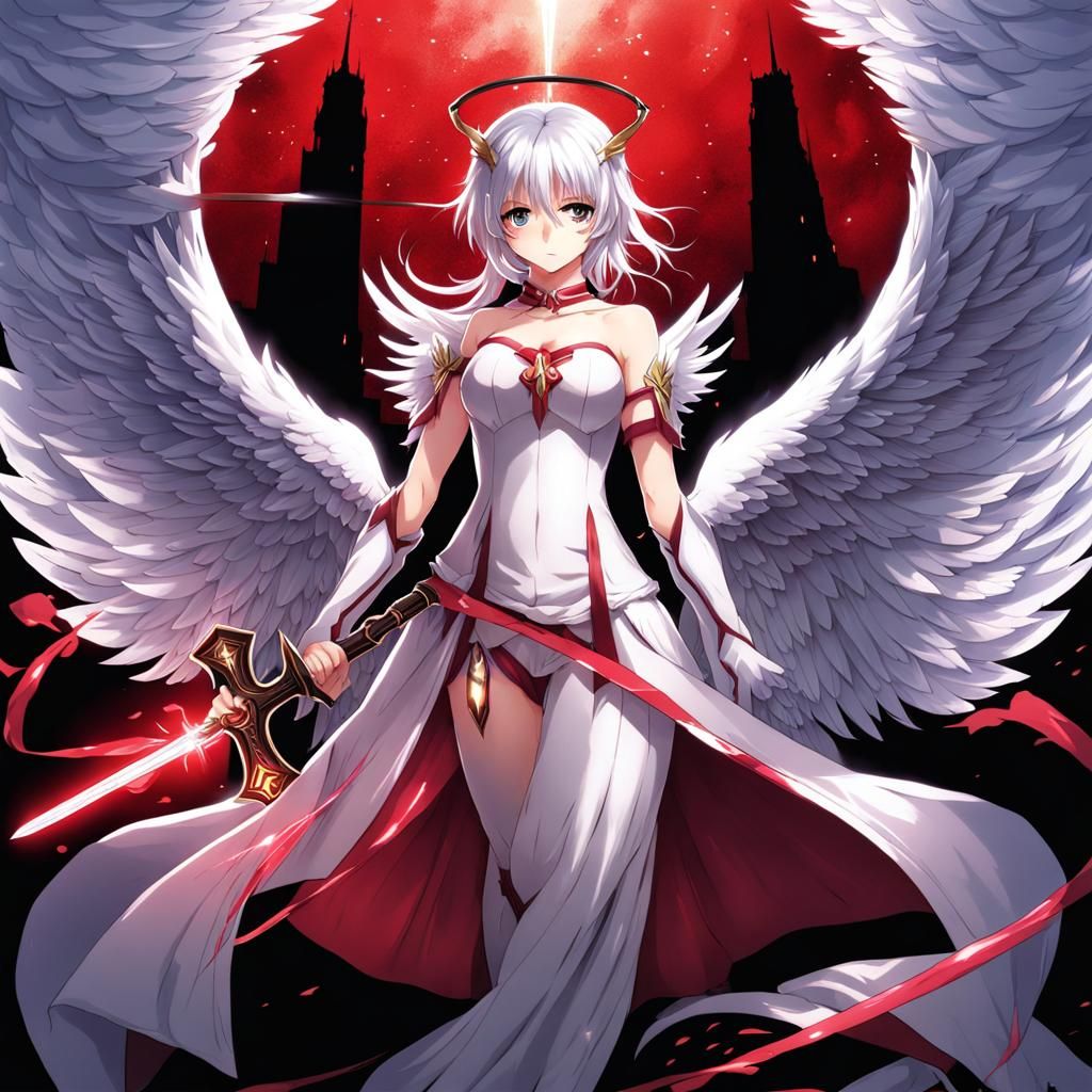 Bleeding Angel with Glowing Sword in Anime Style