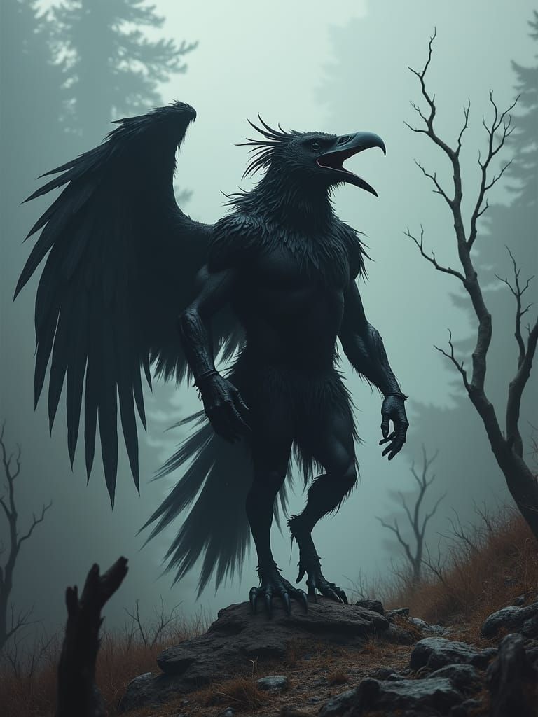 Raven Warrior in Dark Mountain Landscape