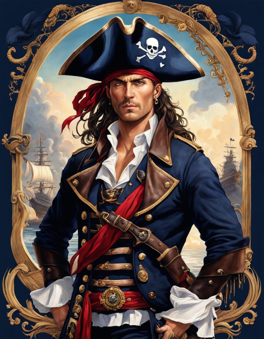 Pirate Ally Man Portrait in Navy Blue With Skull Prints