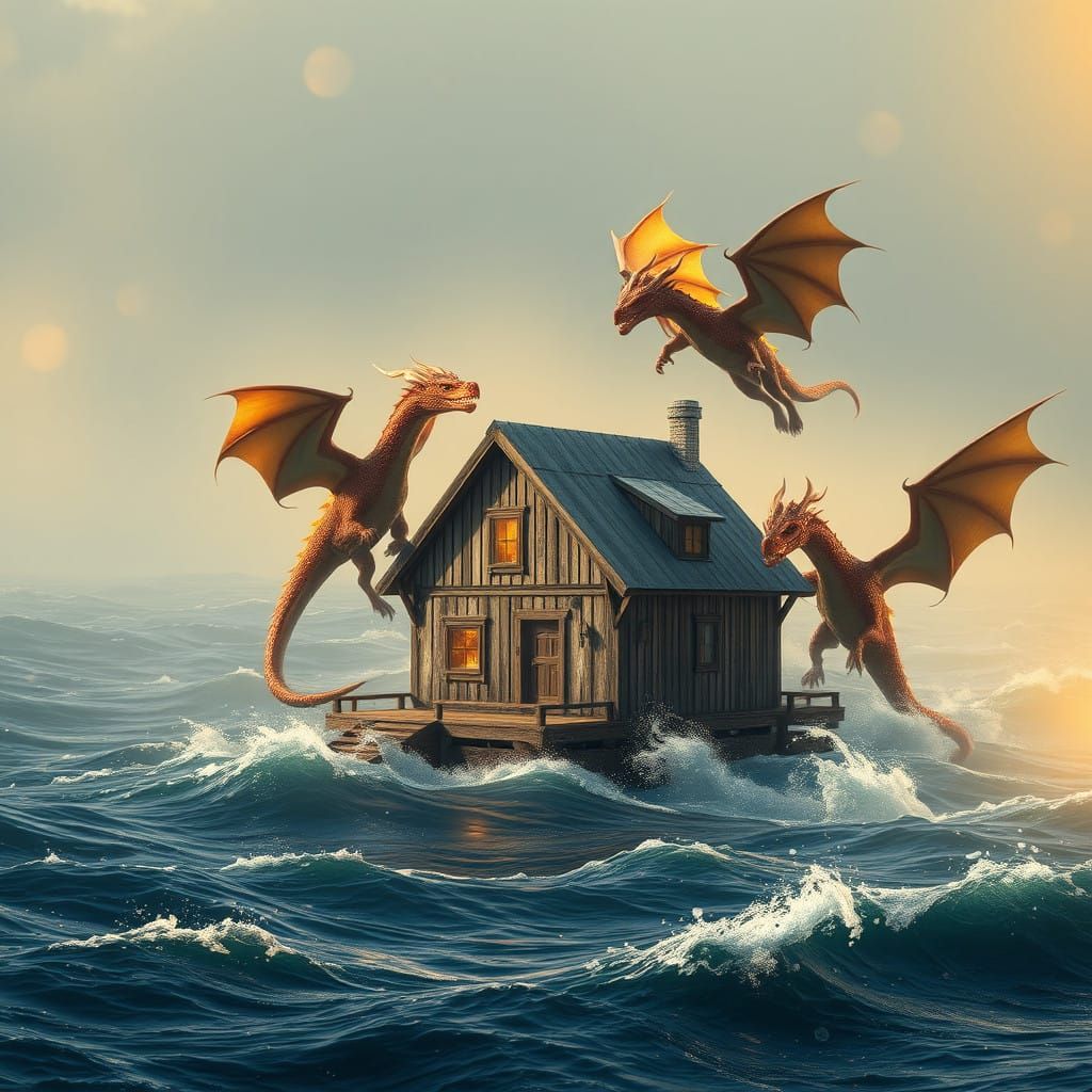 Mystical Ocean House Surrounded by Majestic Dragons in a Fut...