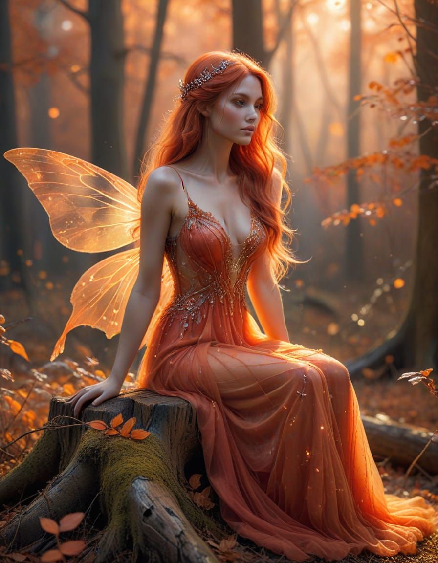 Delicate Fairy in Autumn Forest with Gossamer Wings