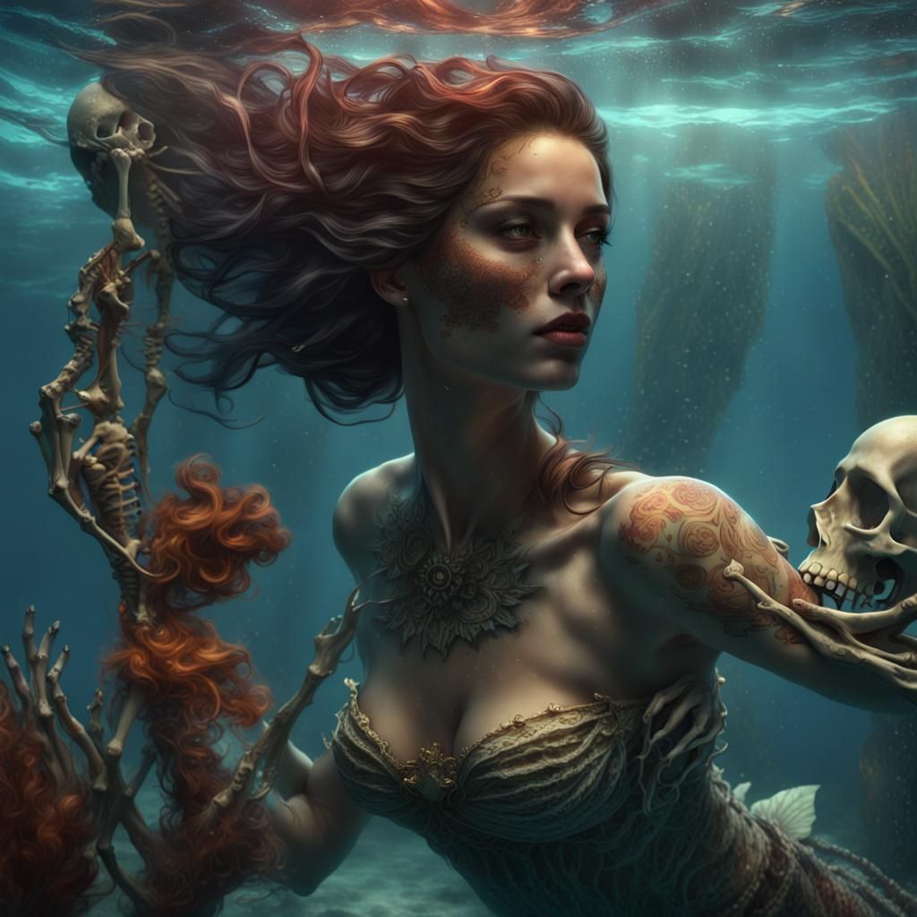 Heartbroken Mermaid with Sailor Skeleton, Dark Fantasy Art