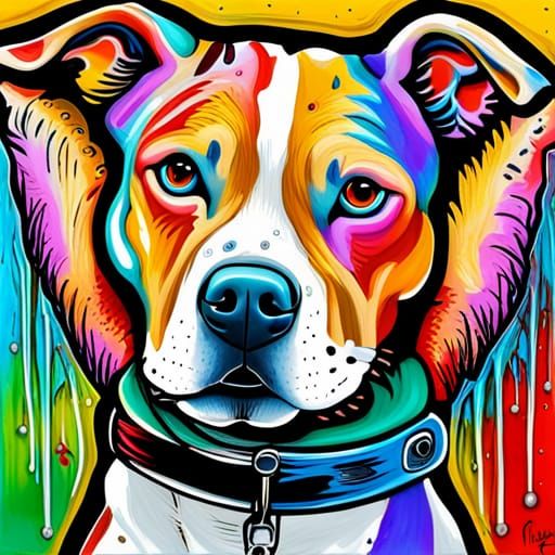 Pitbull Rides Bicycle in Colorful Graffiti Art