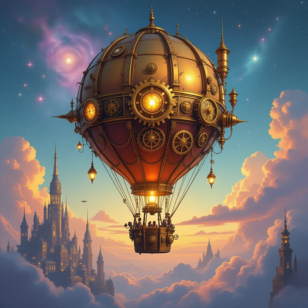 Steampunk Hot Air Balloon Over Clockwork City