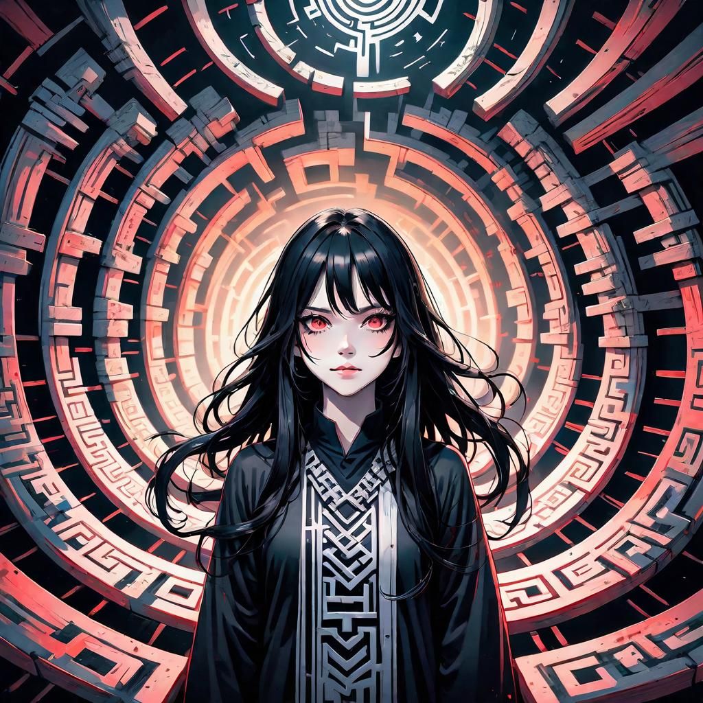 Sinister Anime Girl Above Labyrinth in Hyperrealism