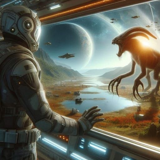 Space Fleet Soldier Contemplates New Planet's Biodiversity
