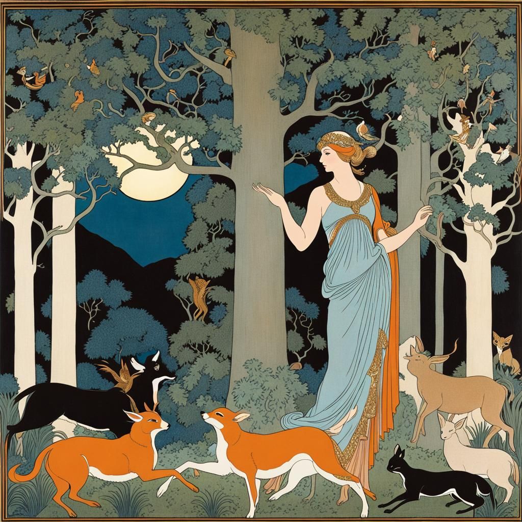Grecian Woman in Magical Forest, Art Deco Illustration