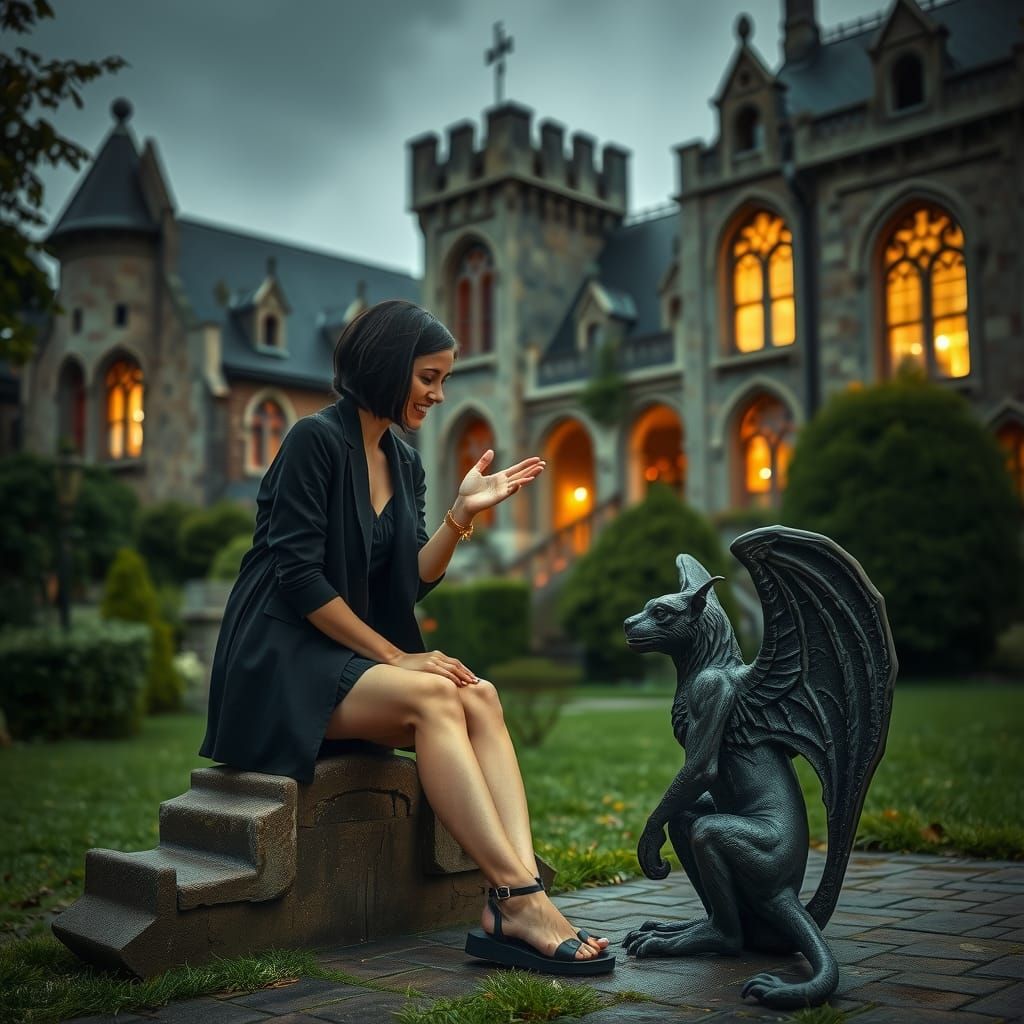 Gothic Castle Chat: Woman and Gargoyle at Night
