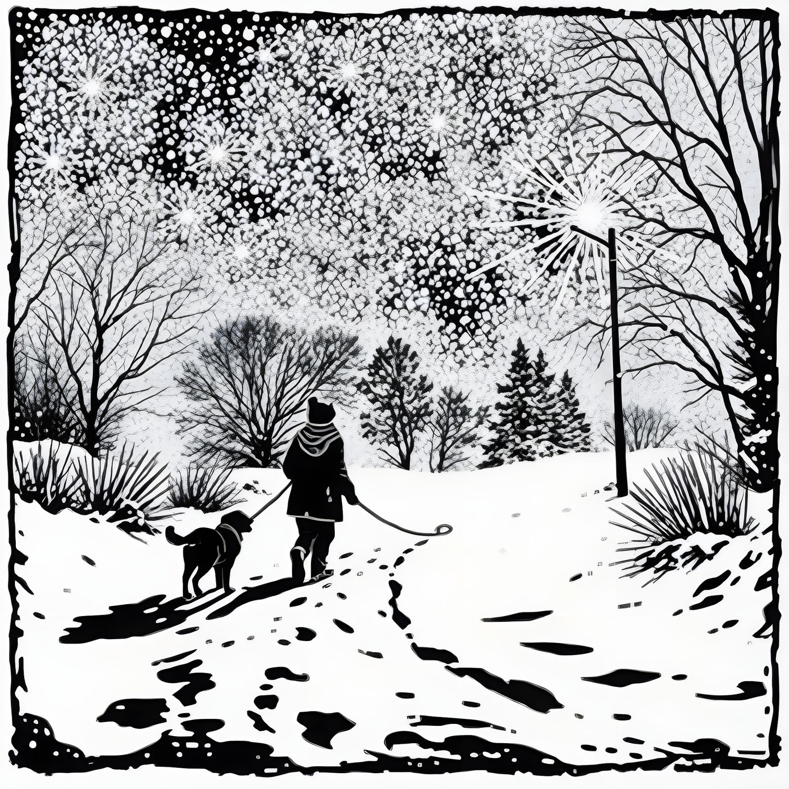 Walking Through the Winter Storm in Woodcut Relief Print Sty...