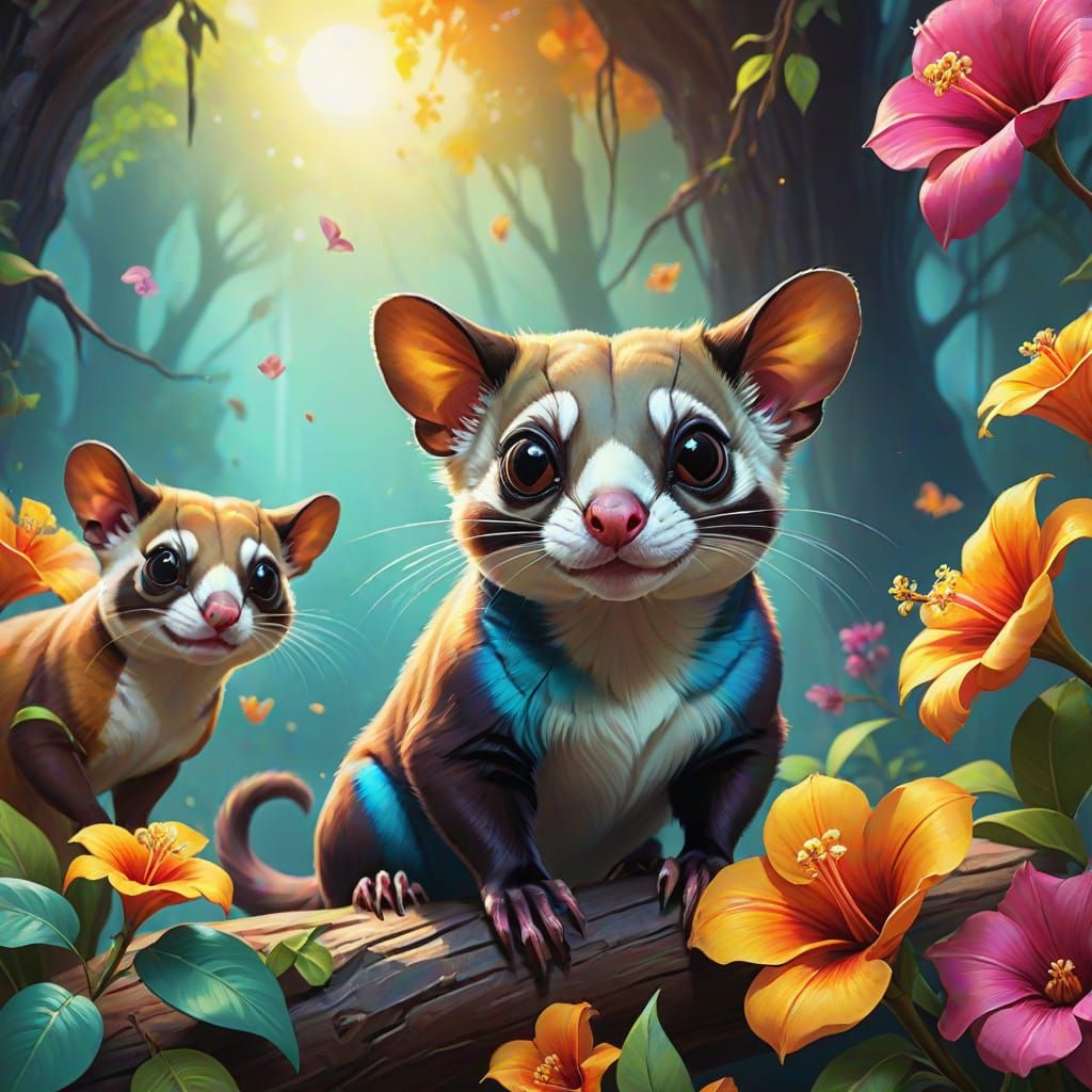 Vibrant Oil Painting of Sugar Gliders in Fantasy Art