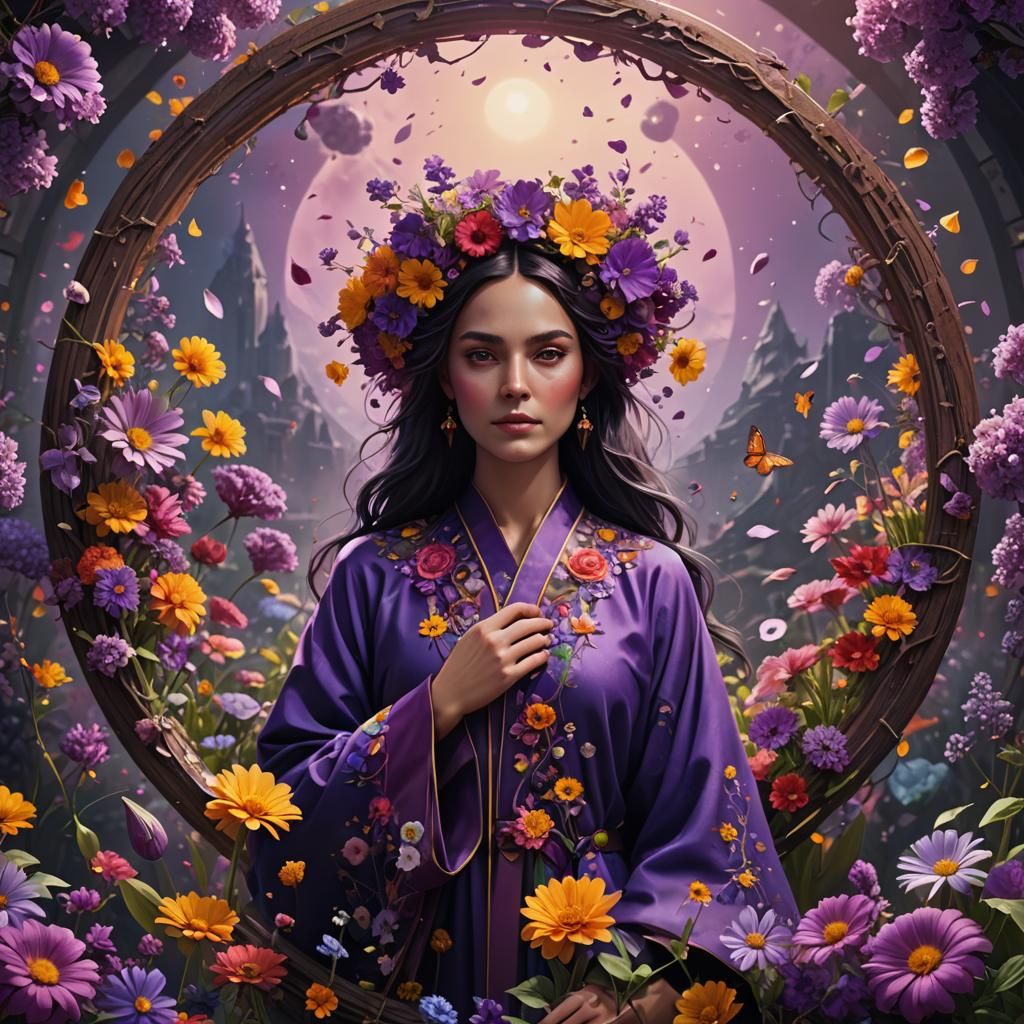 Surreal Woman Surrounded by Colorful Flowers