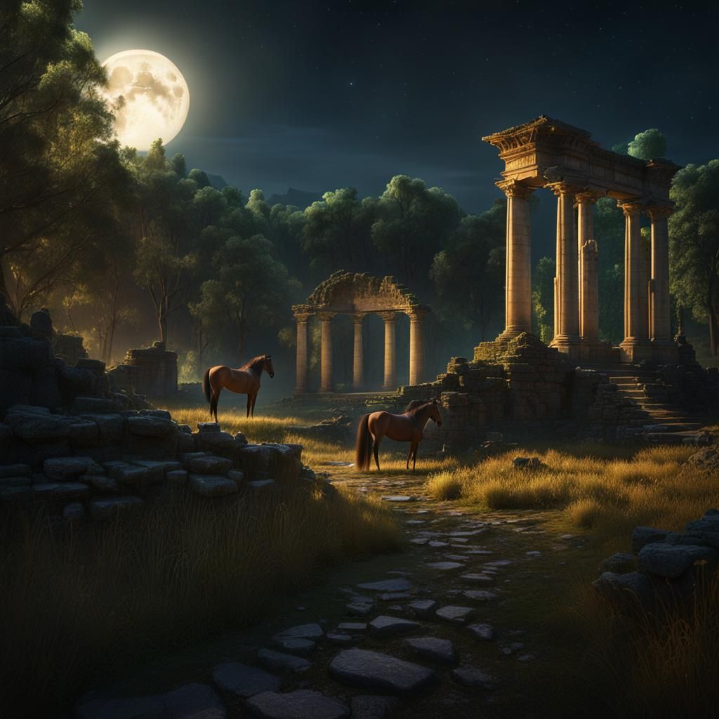 Moonlit Wheatfields with Horses and Roman Ruins