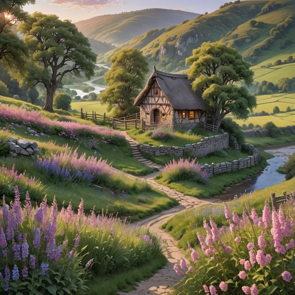 Medieval Inn in Valley at Dawn, Matte Painting