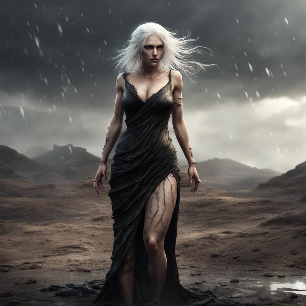 Voluptuous Woman in Torn Dress in Black Desert