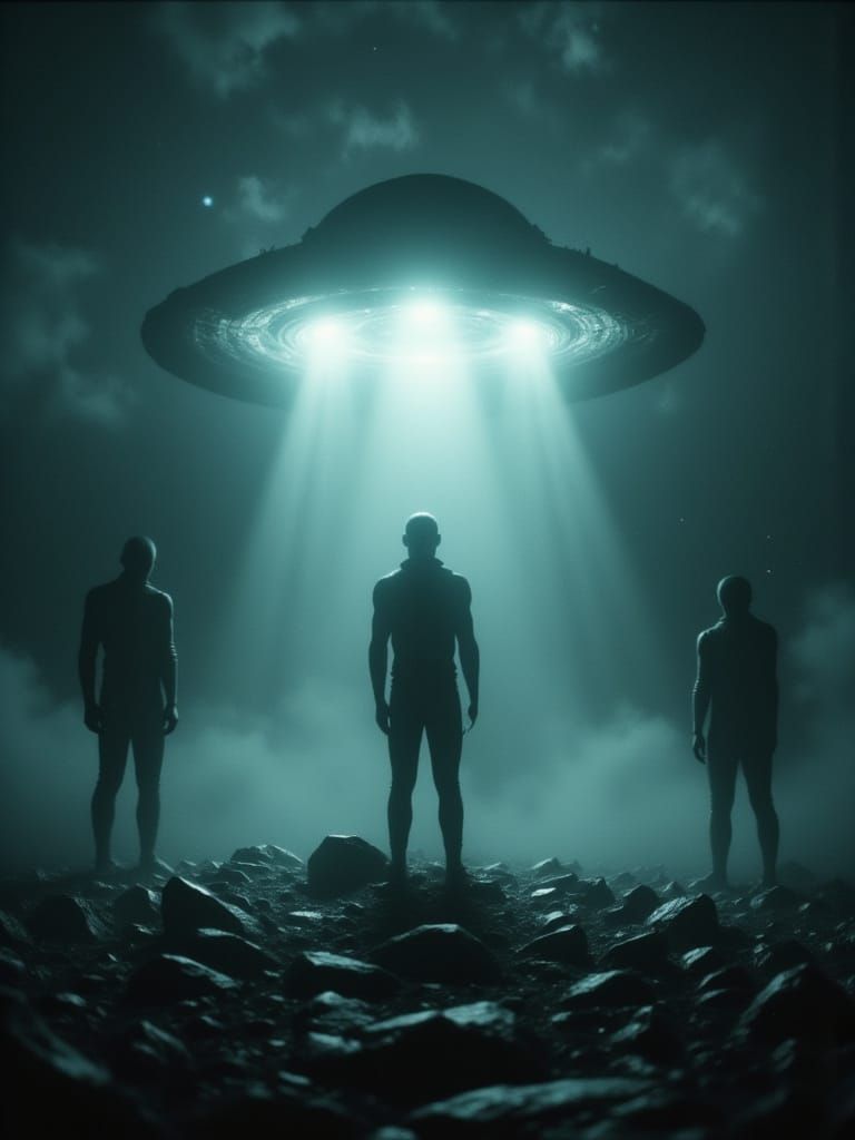 Alien Silhouettes Under UFO in Cinematic Light