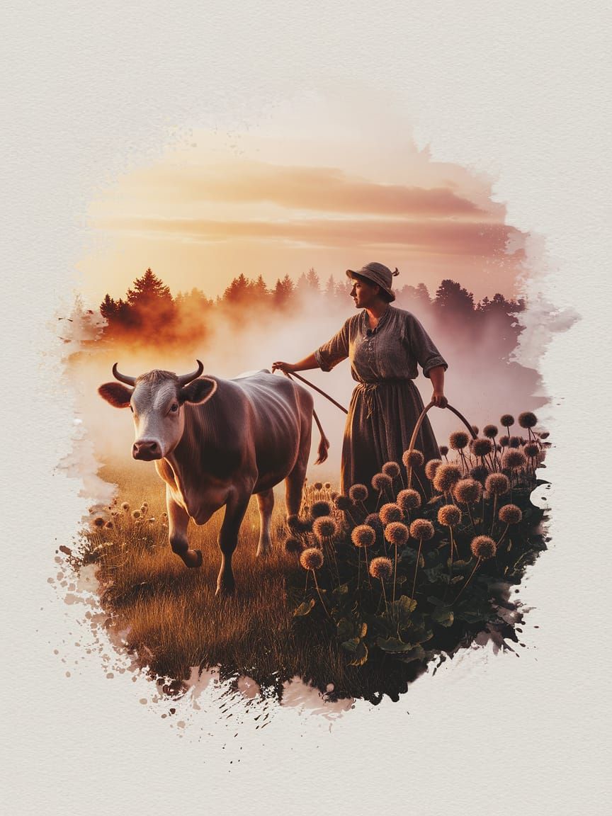 Dreamy Dawn Landscape with Peasant and Cow in Watercolor Sty...