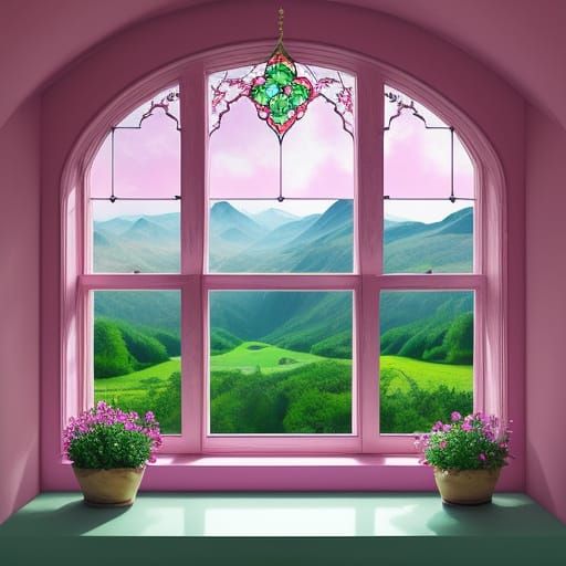 Surreal Pink and Green Landscape with Magical Window