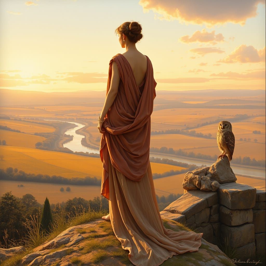 Ethereal Roman Goddess Contemplates Golden Fields and River