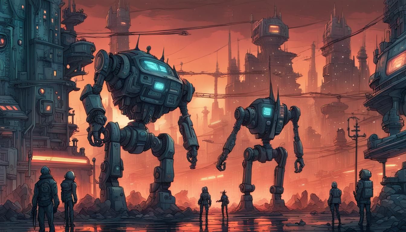 Cyberpunk City Coexistence in Monochromatic Line Art