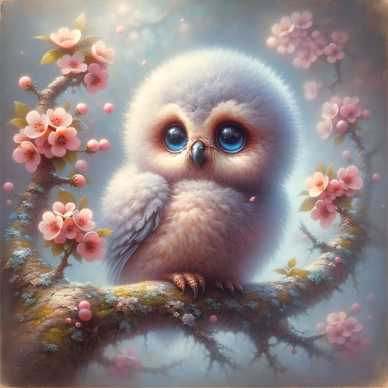 Fluffy Owl with Blue Eyes on Flowering Branch