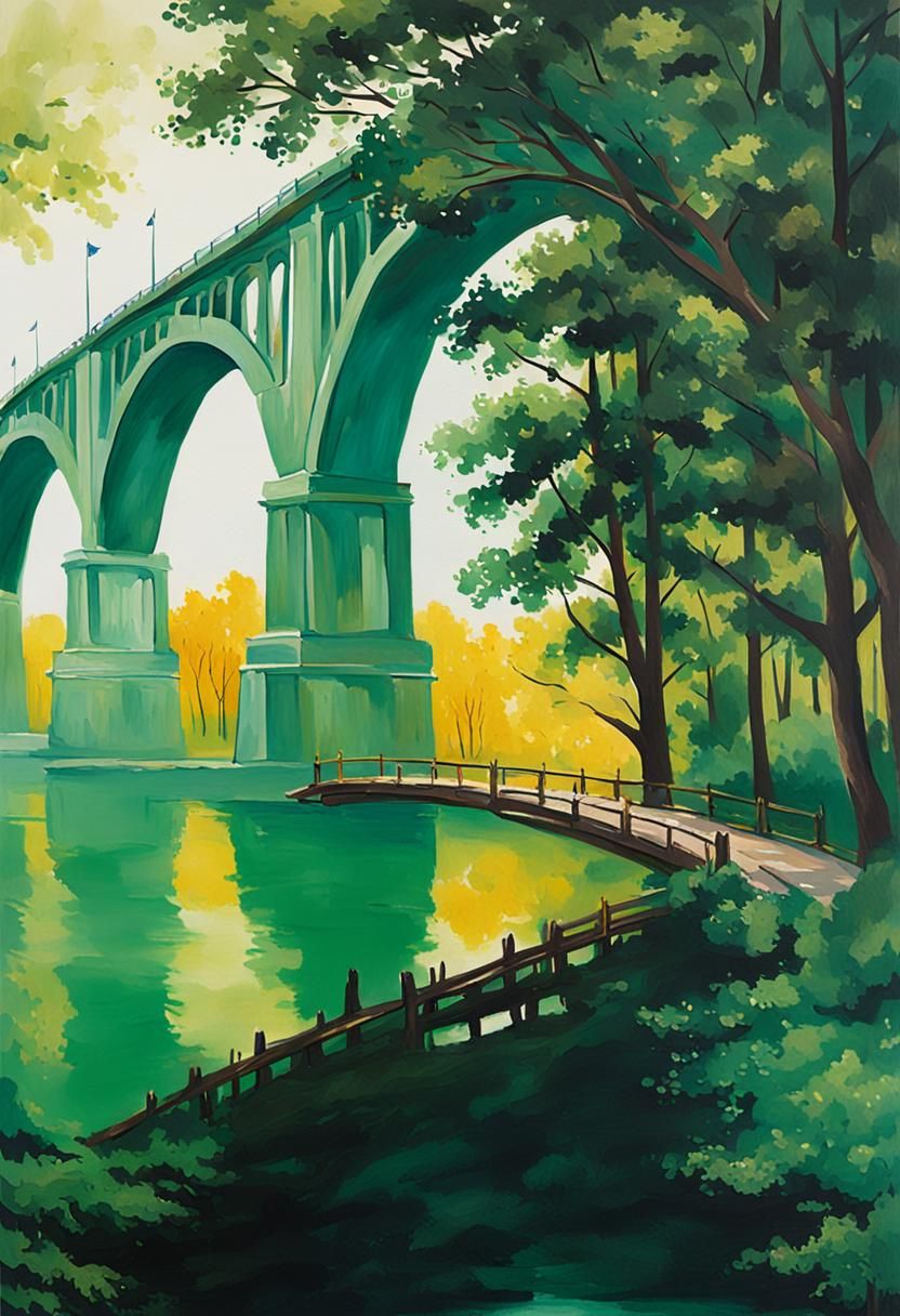 Colorful Bridge Painting with Trees