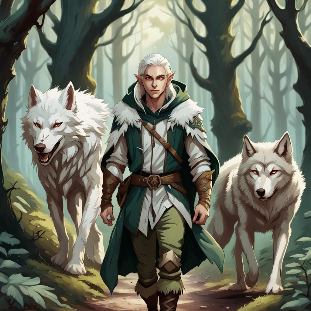 Elf Ranger and Wolf in Cartoon Style