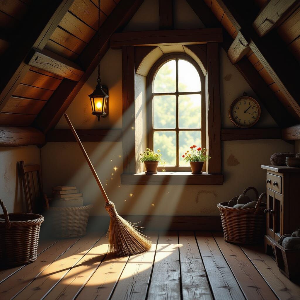 Magical Broom Sweeps Cottage Floor in Whimsical Style