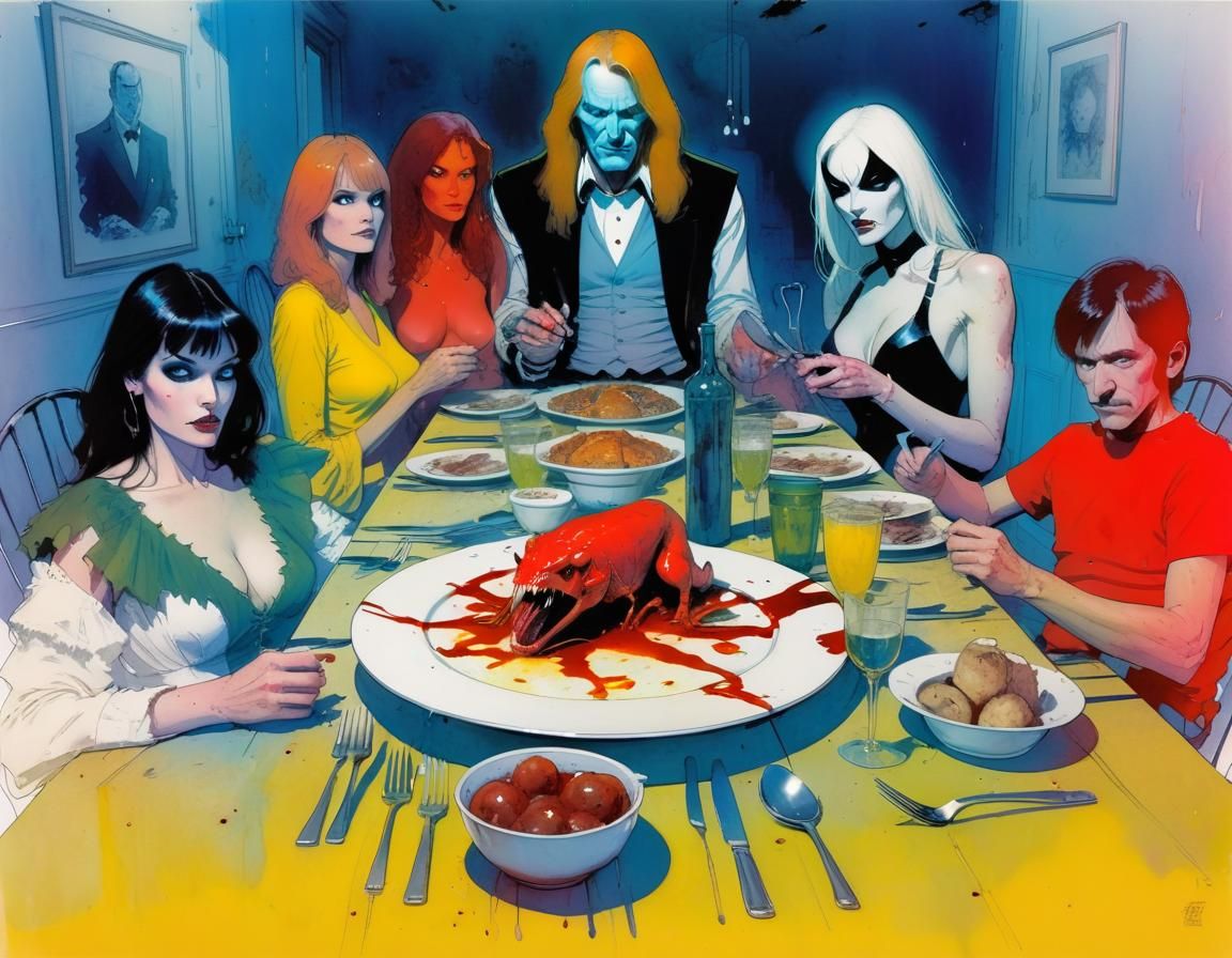 Surreal Family Dinner in Sienkiewicz Style
