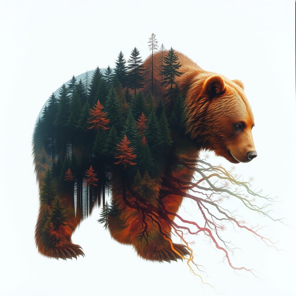 Surreal Bear Silhouette with Fractal Forest and Radiant Colo...