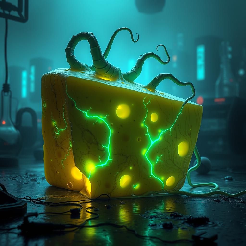 Bioluminescent Cheese Mutation in Dystopian Lab