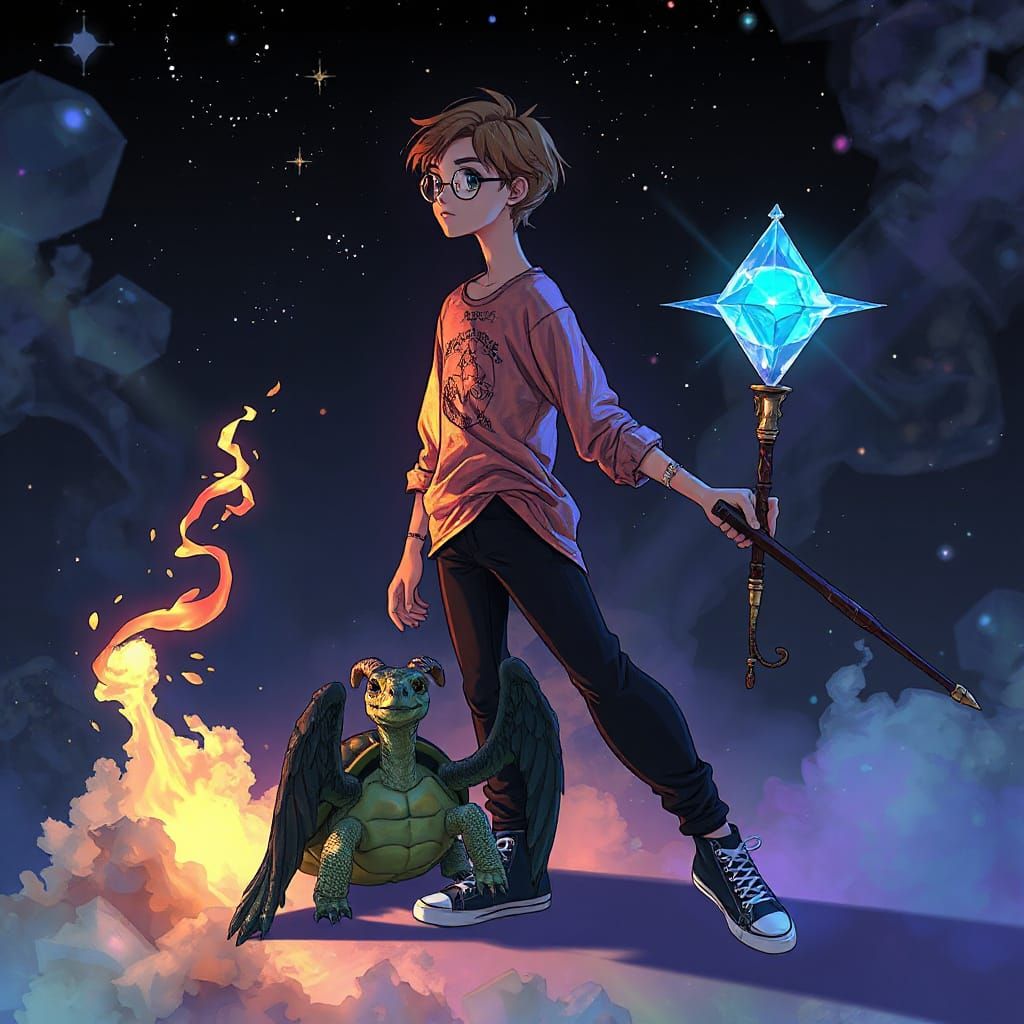 Psychedelic Wizard Under Midnight Rainbow, Cartoon Anime Sty...