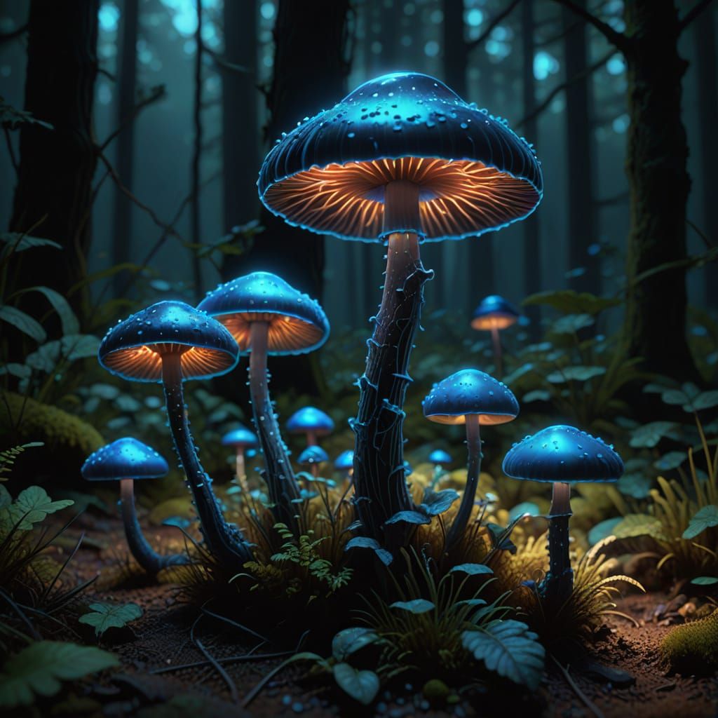 Glowing Bioluminescent Mushroom in Photorealistic 3D Renderi...