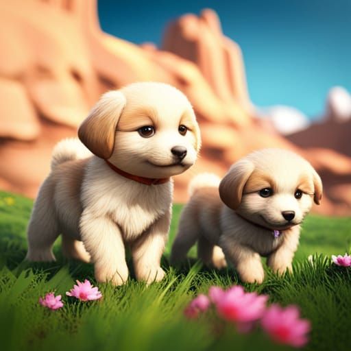 Cute Fluffy Puppies in Detailed Fantasy Art