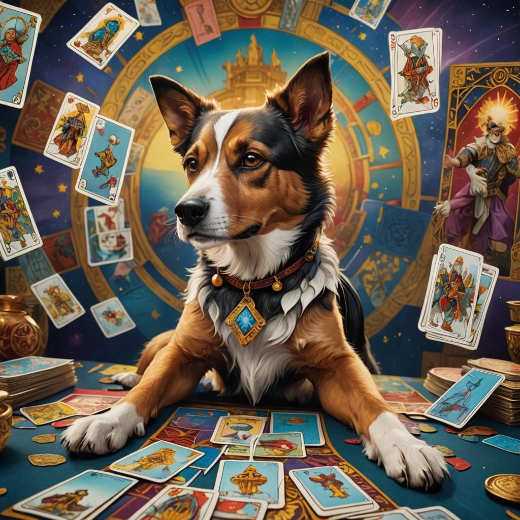 Hyperrealistic Tarot Reading Dog with Cards