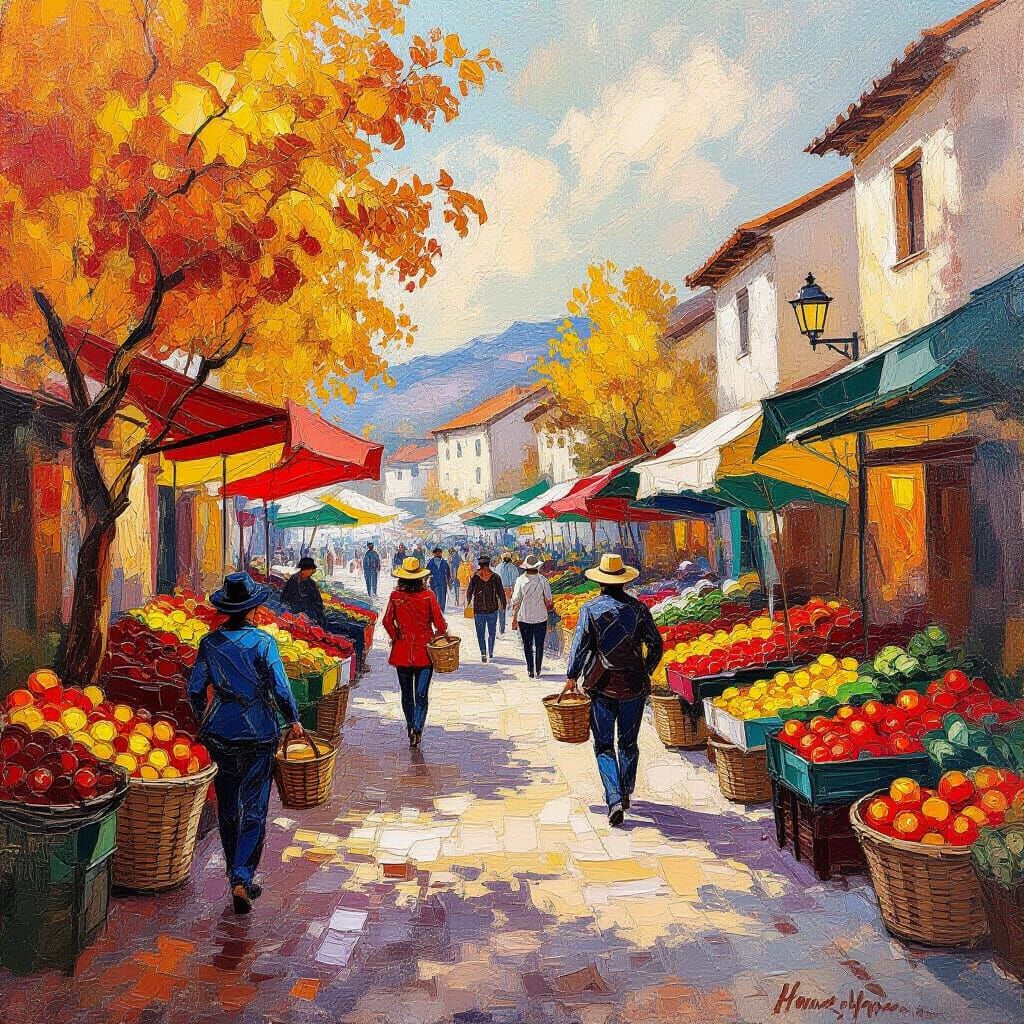 Abstract Harvest Festival Marketplace in Impasto Style