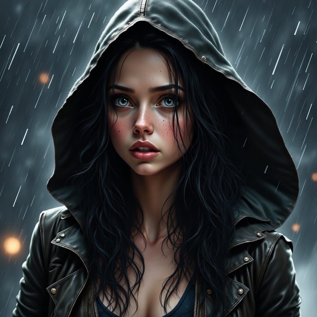 Scared Woman in Rainstorm with Lightning