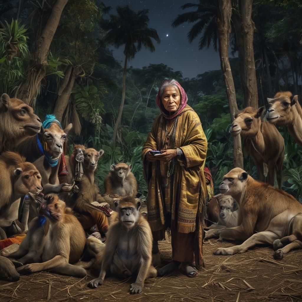 Surreal Jungle Meeting with Camels: Hyperrealistic Maximalis...