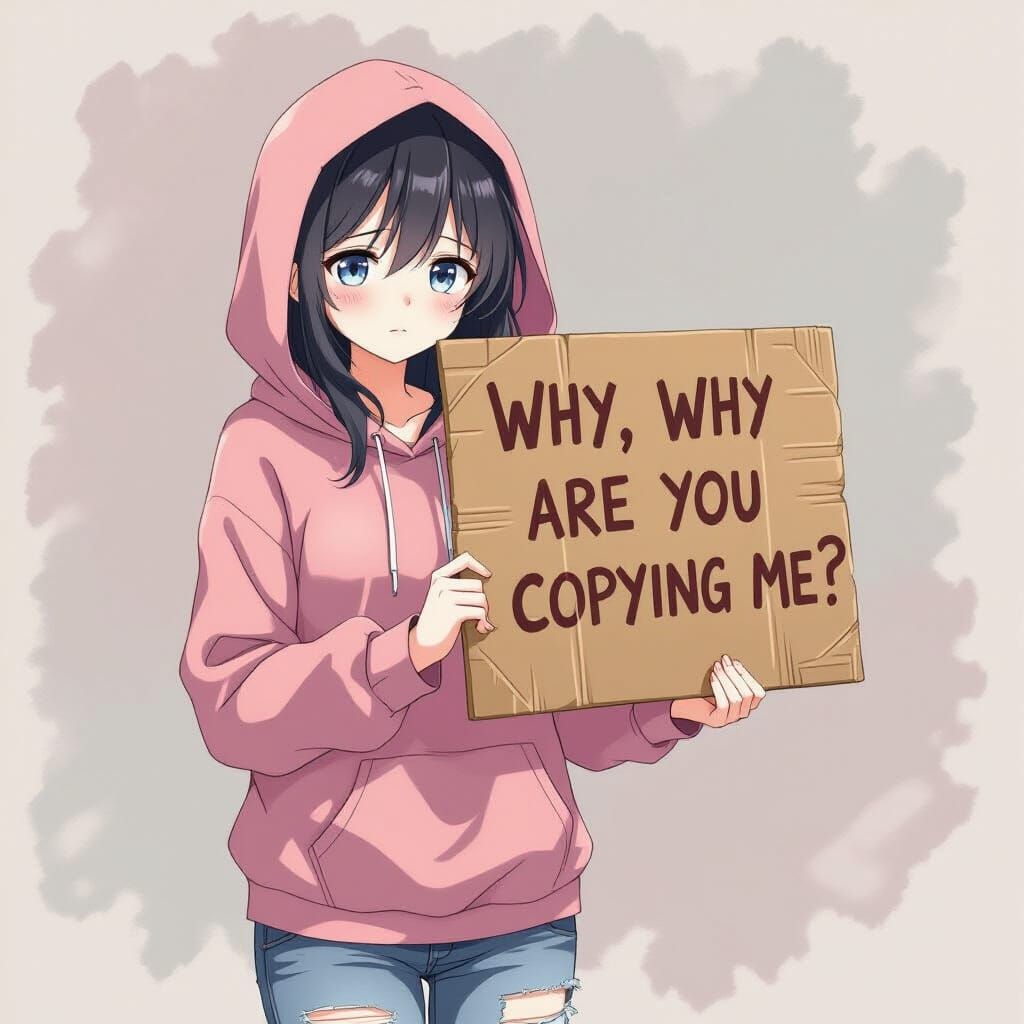 Sad Anime Girl Holds 'Why Are You Copying Me' Sign