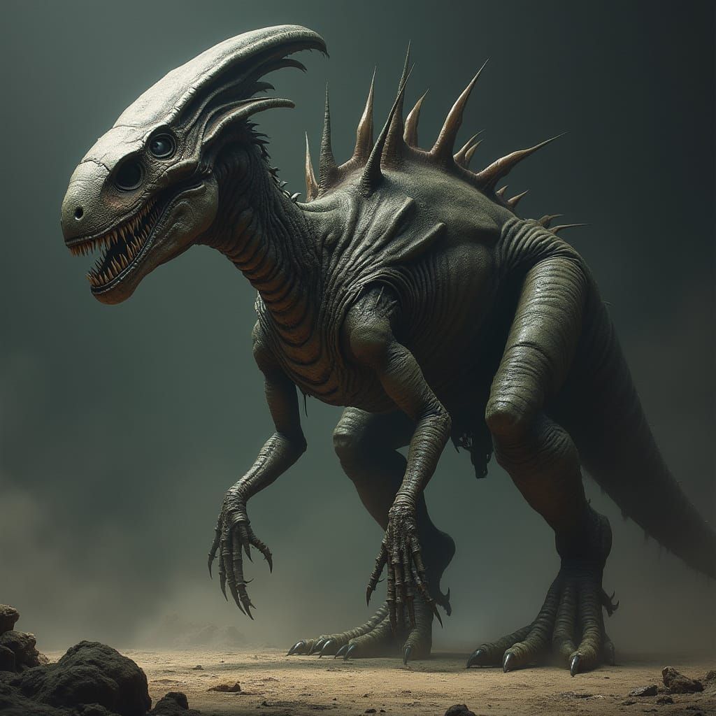 Terrifying Xenomorph-Dinosaur Hybrid in Dark Landscape