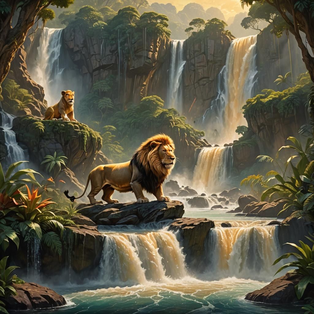 Lion King Ascends Waterfall Throne: Fantasy Art
