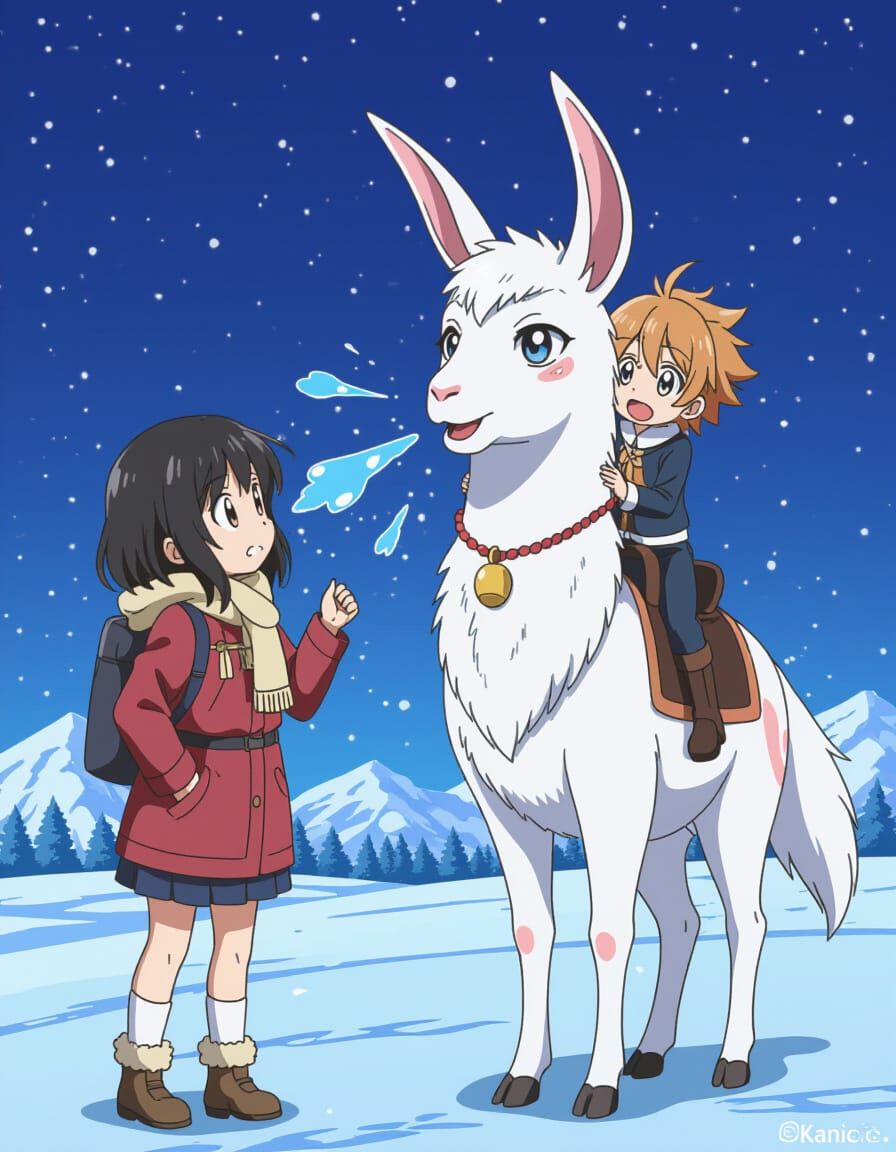 Comical Duck Spits on Lama in Anime Style