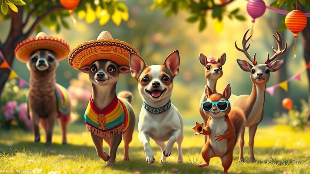 Chihuahua Leads Animal Parade with Sombrero, Pixar Style
