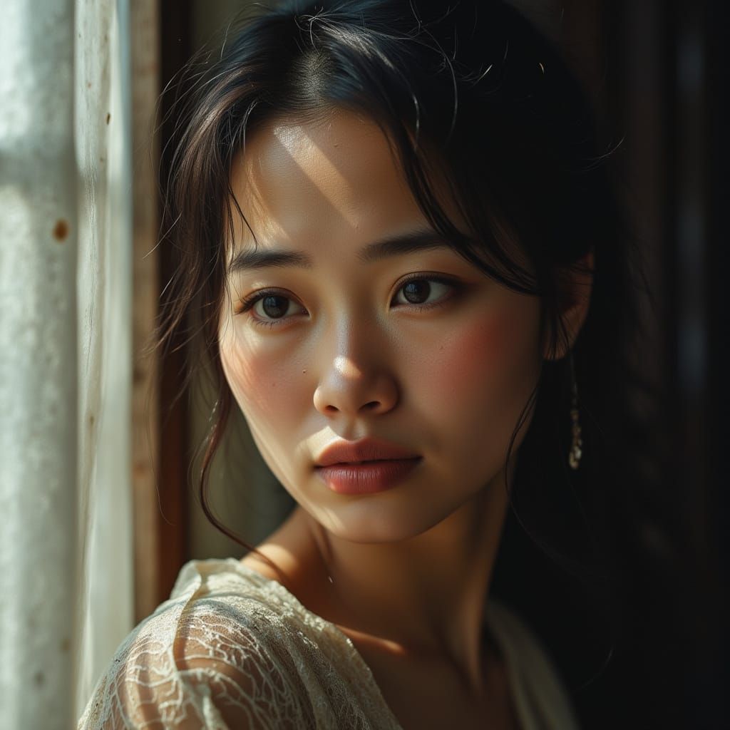 Sad Eyes Woman Portrait in Oil Painting Style