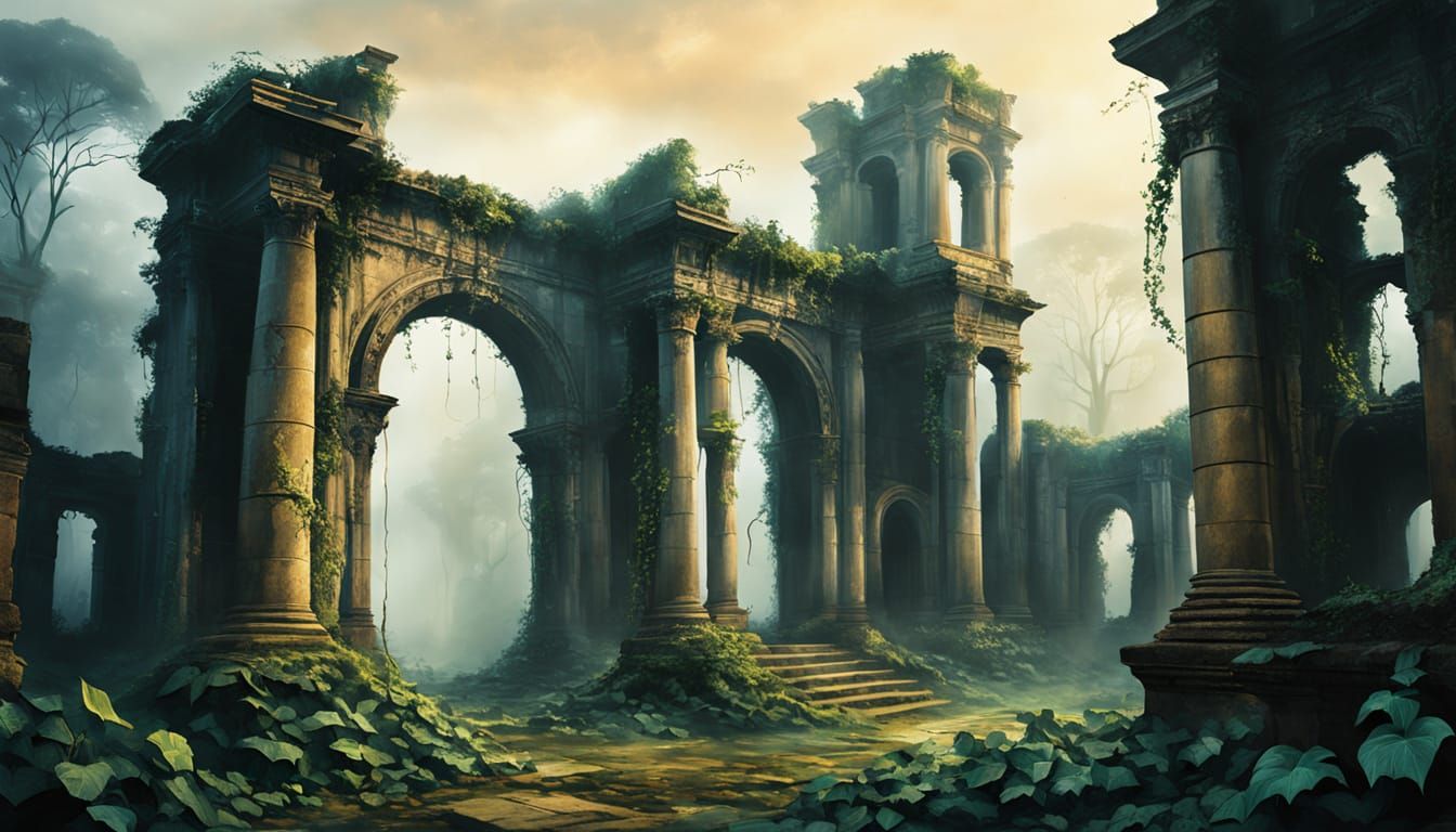 Misty Ruins: An Impressionist Ethereal Landscape Painting