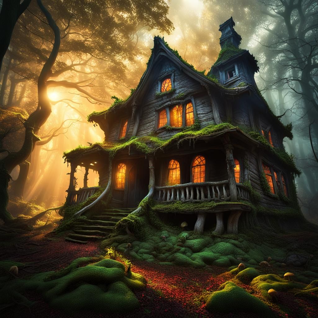 Haunted Witch's House in Misty Forest, Hyperrealistic HDR
