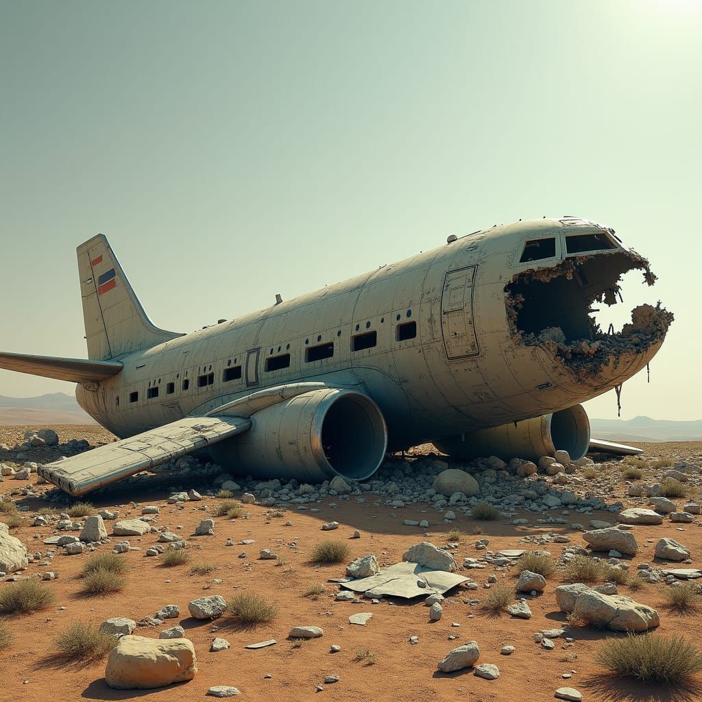 Dystopian Aircraft Wreck in Barren Landscape