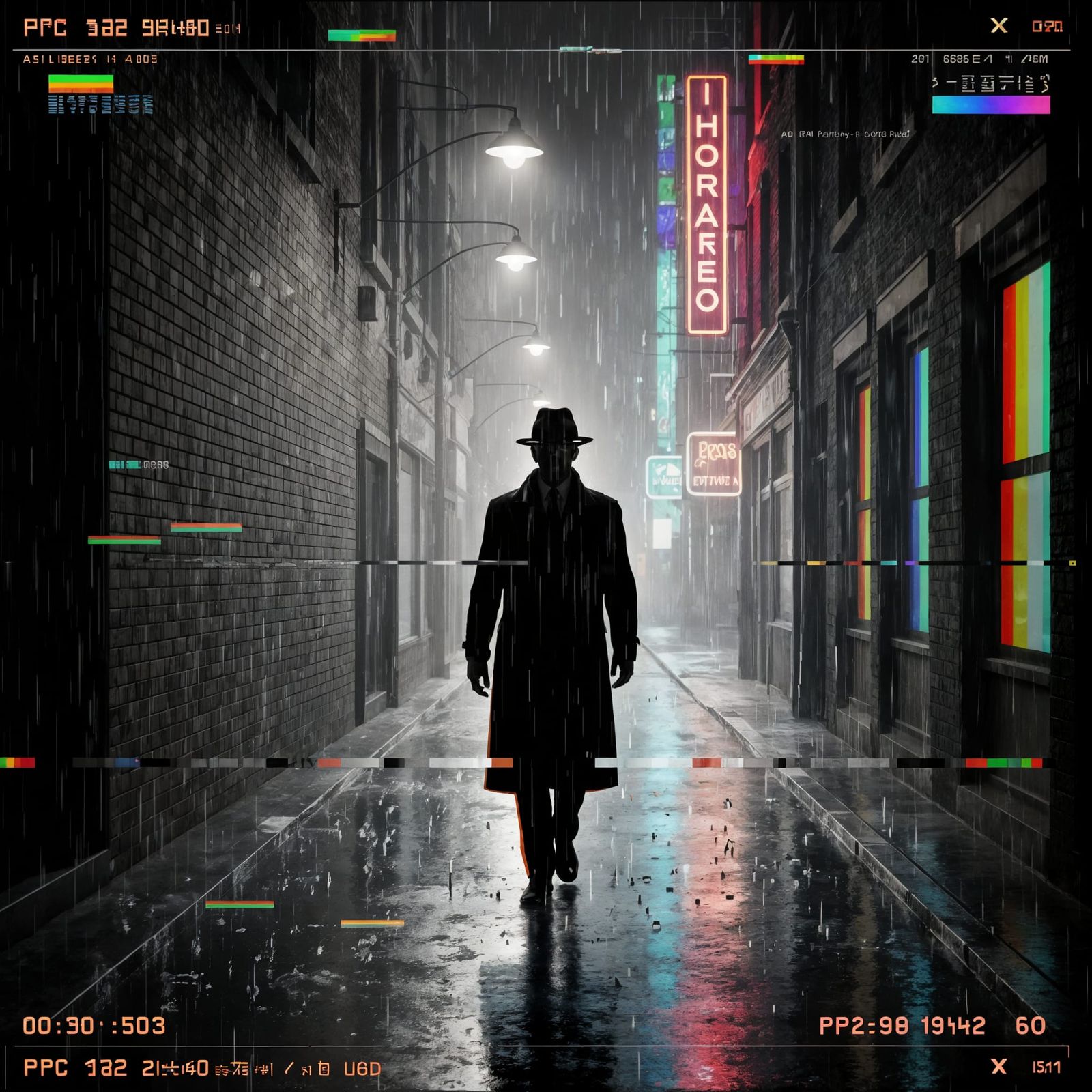Film Noir Detective in Corrupted CGI Alleyway