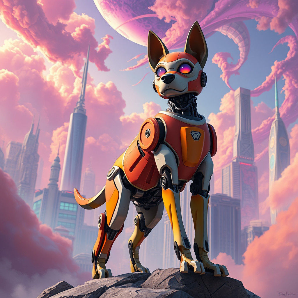 Heroic Robo Dog in Futuristic Cityscape