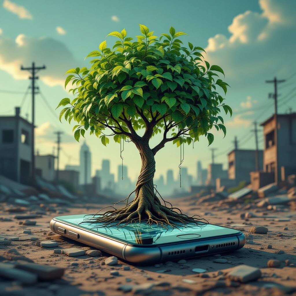 Money Tree Sprouts From Smartphone in Wasteland